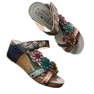 Spring Steps Delight Slide Wedge sandals Navy multi color Sz 7 Boho chic Artsy